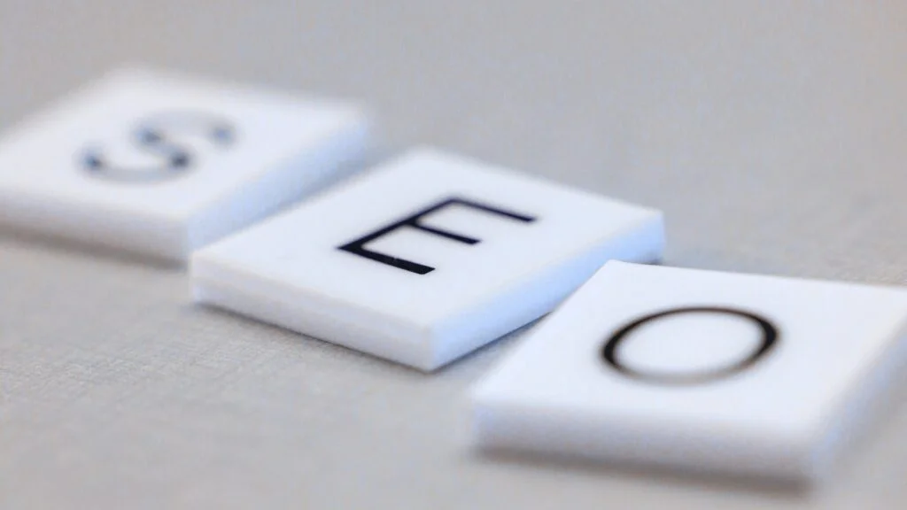 صورة مقربة لحروف تحسين محركات البحث السيو باللغة الانجليزية على بلاطات بيضاء